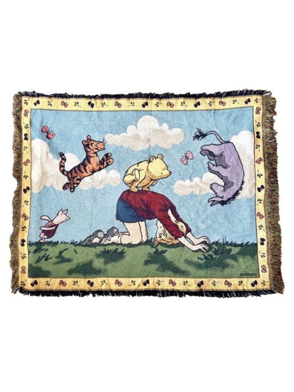 VTG Classic Winnie The Pooh & Friend Woven Tapestry Throw Fringed Blanket Disney
